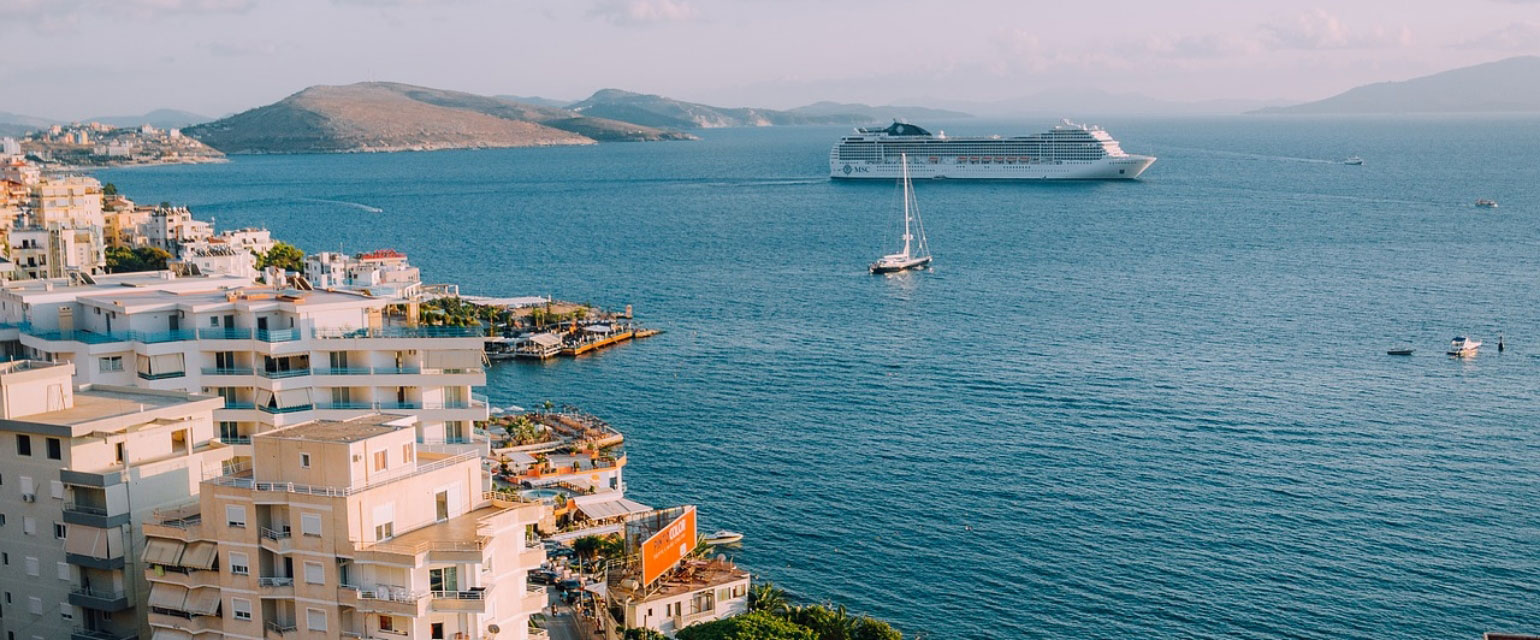 Quay Saranda Albania, Ionian Sea, tourist ship.